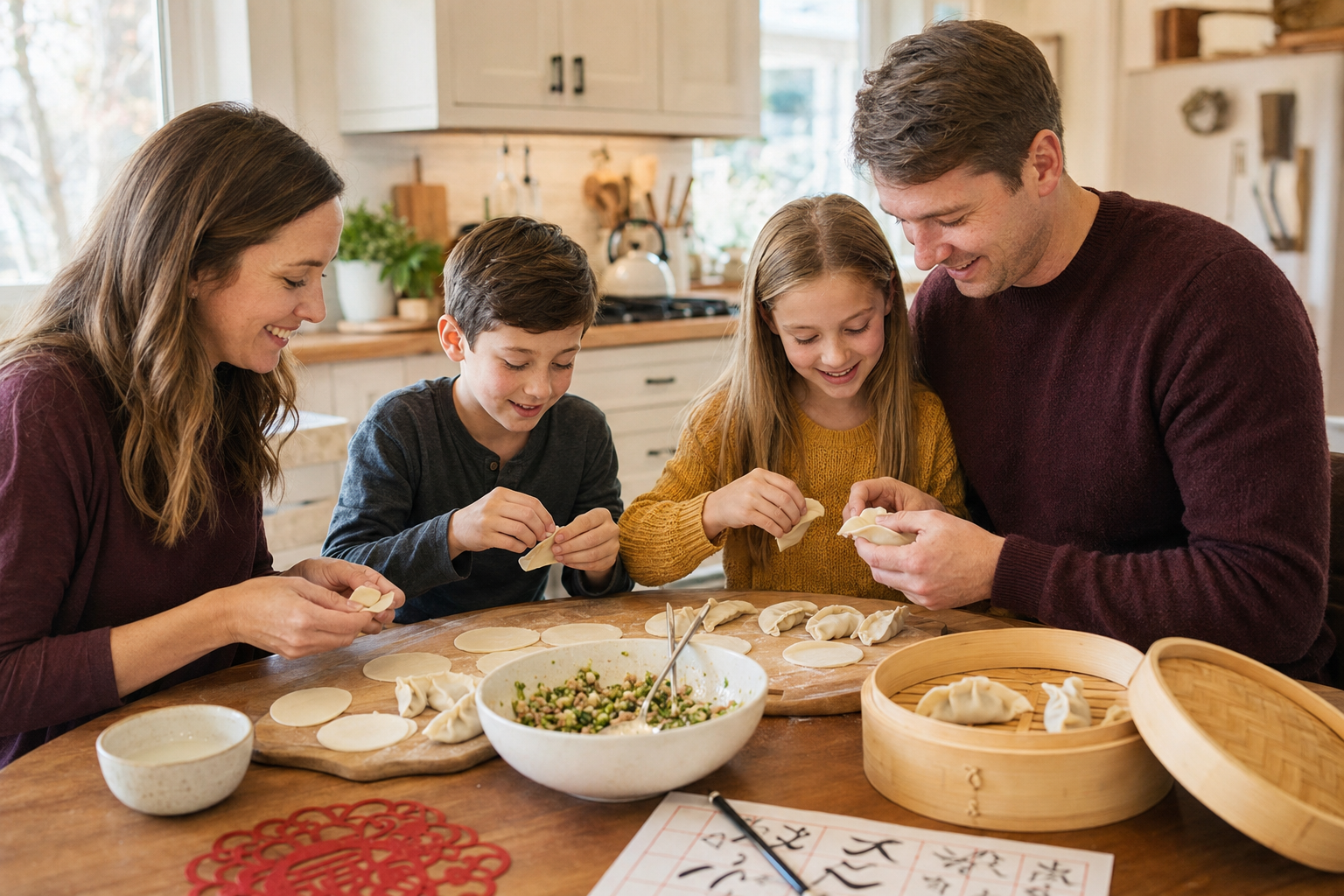 A white family learning about Chinese culture together while making dumplings at home