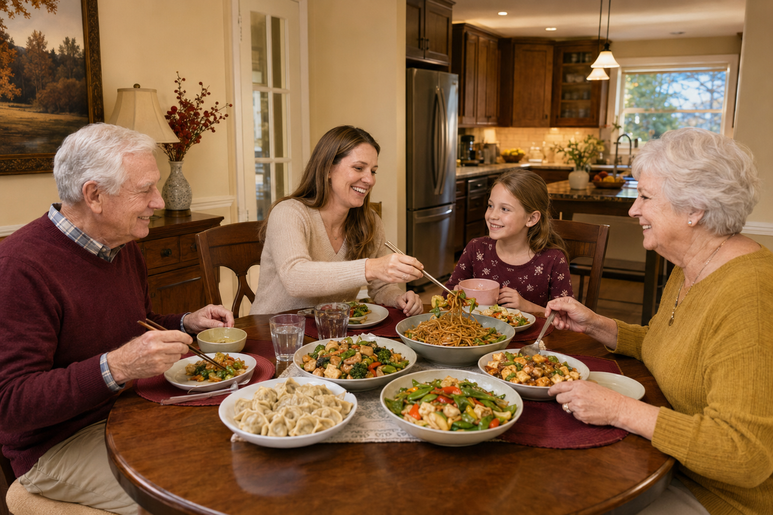 A white multigenerational family enjoying a colorful Chinese dinner with many vegetable dishes at home