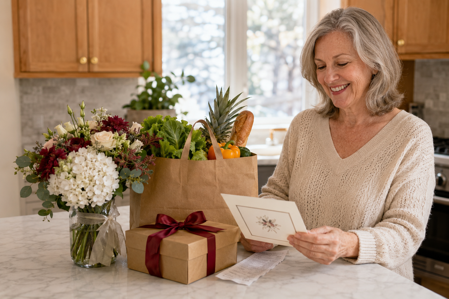 An older white woman receiving flowers, groceries, a gift, and a thoughtful card at home