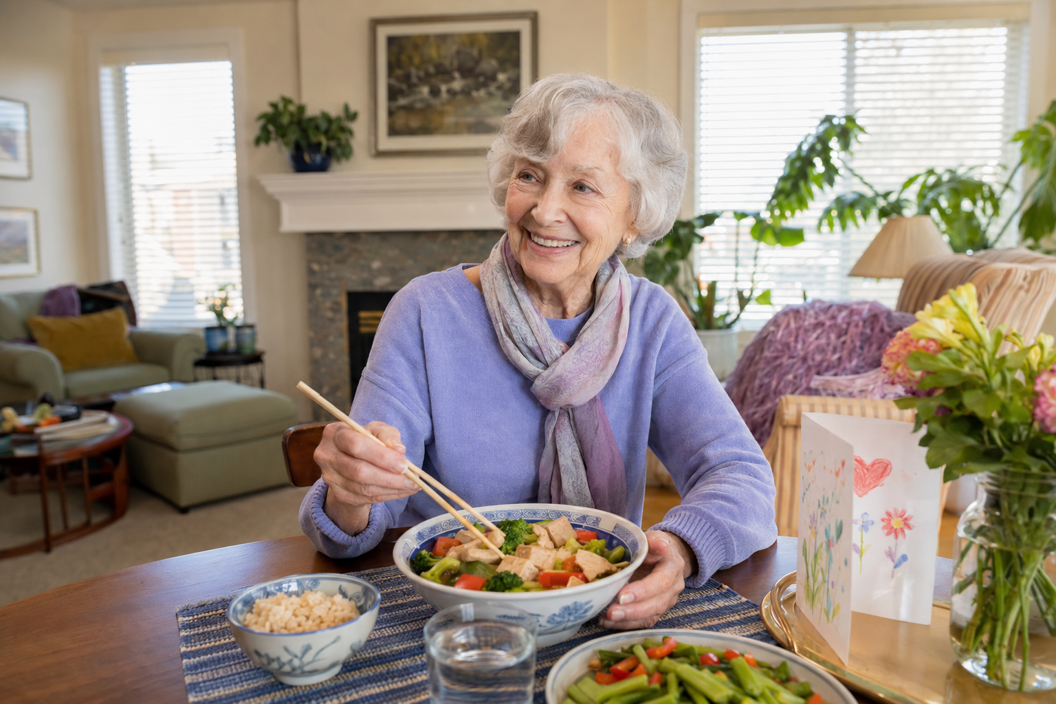 An older white woman enjoying a colorful Chinese meal and a thoughtful family card at home