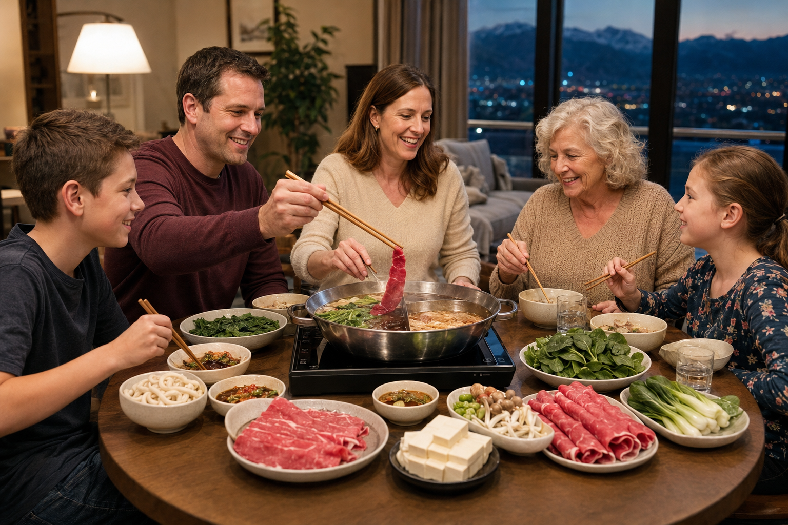 A white family enjoying Chinese hot pot with fresh vegetables, tofu, noodles, and beef